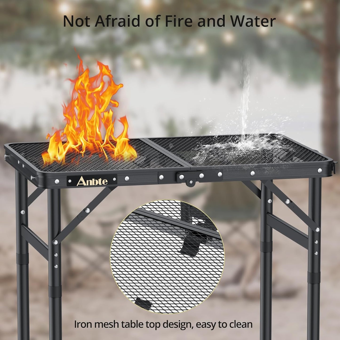 Folding Grill Table, Aluminum Camping Table Adjustable Height Max 27.5" Picnic Table Outdoor Table, Lightweight, Portable Handle for Travel Cooking BBQ Picnic, 22.8" x 16", Black