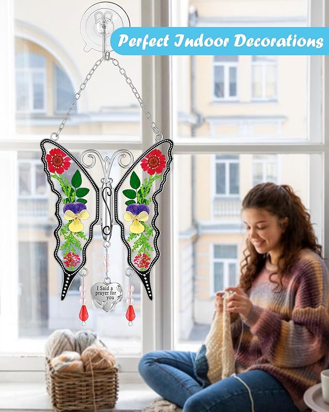 KY&BOSAM Butterfly Suncatcher I Said a Prayer for You Stained Glass Butterfly Suncatchers Hanging for Window Wind Chime Gifts for Friend Mother`s Day Birthday Christmas Thanksgiving Ornament Gifts