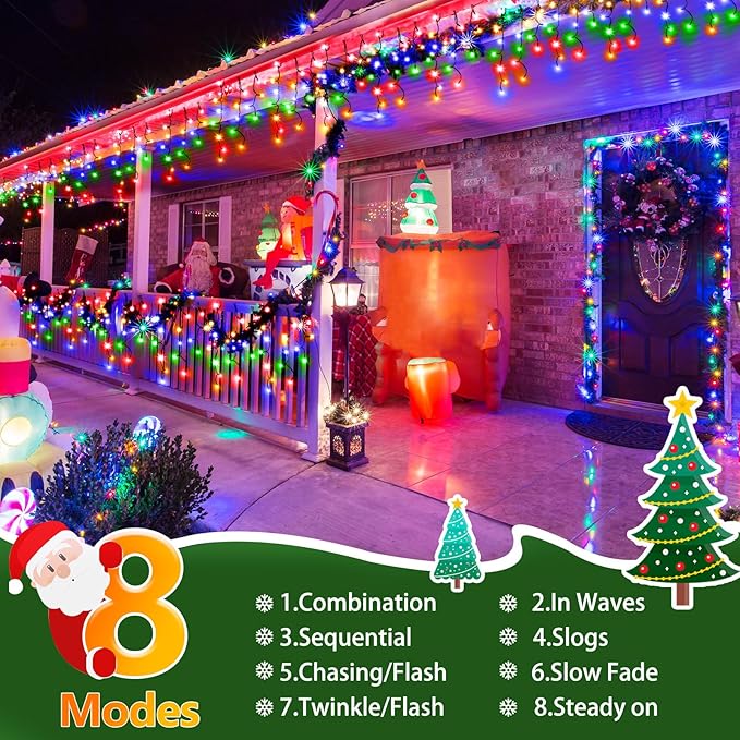 Hezbjiti 400LED Christmas Lights Outdoor 33FT Icicle Lights Dark Green Wire LED Icicle Lights Outdoor with 8 Modes 75 Drops Fairy String Lights for Christmas Decor Eaves Party Yard Garden