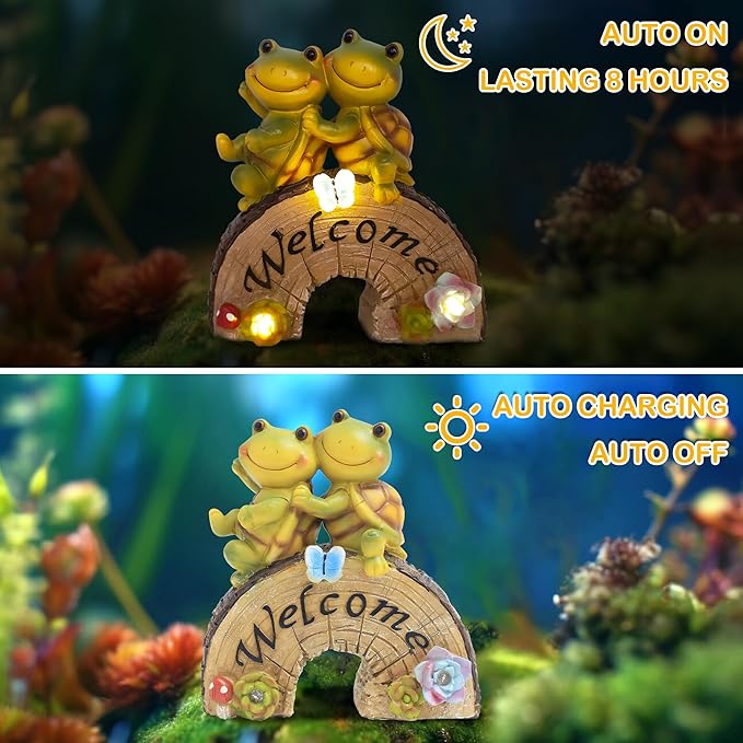 Attivolife Garden Statue Turtle Welcome Decor, Outdoor Solar Light Cute Succulent Frog Face Figurines LED, Patio Lawn Porch Yard Balcony Decor, Unique Housewarming Birthday Gift for Mom Women
