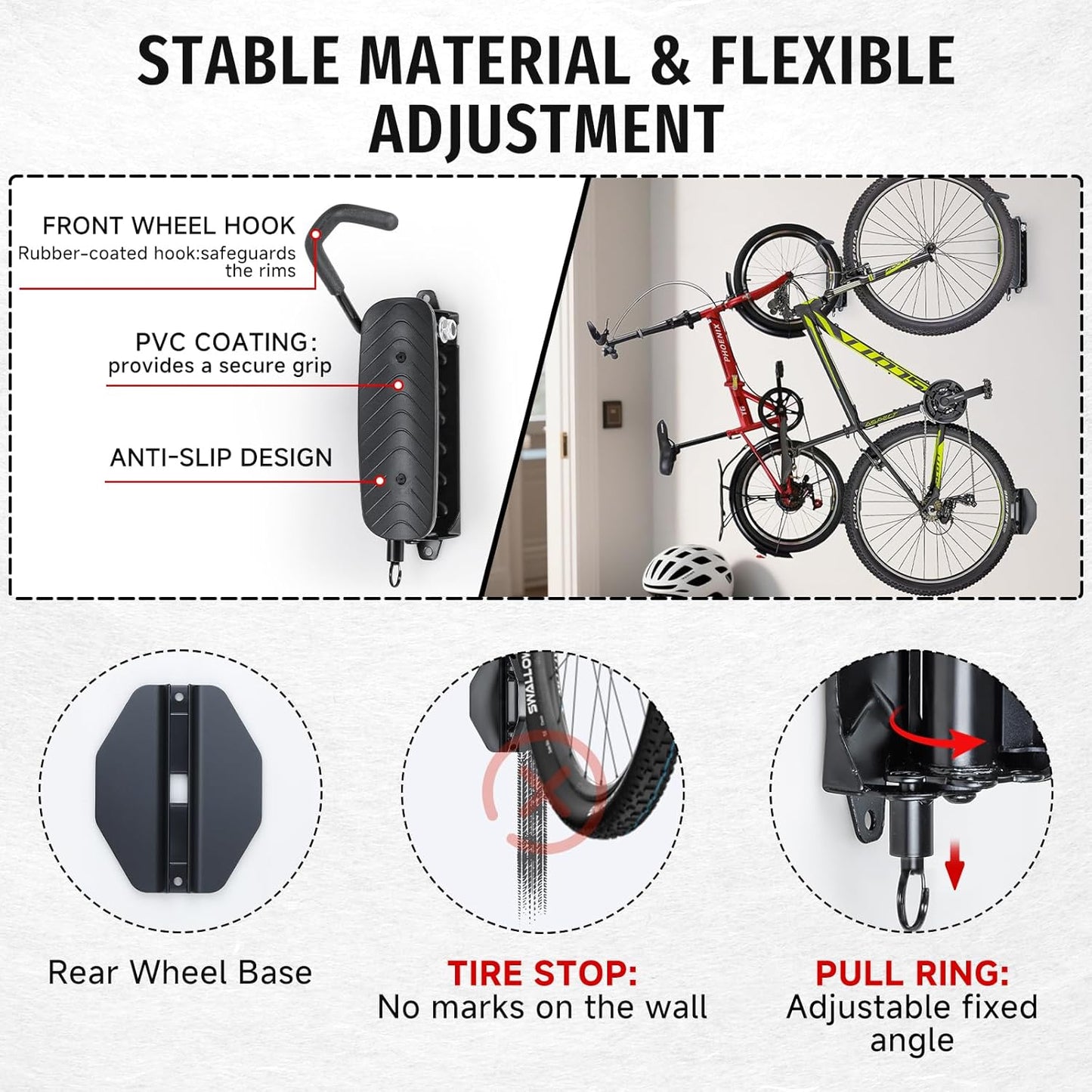 Bike Rack Garage,Bike Wall Mount, 150° Swivel & Space-Saving Vertical Bike Hangers for Storage, Sturdy Bike Stand Holds Up to 66lbs, Easy to Install, 4 Pack