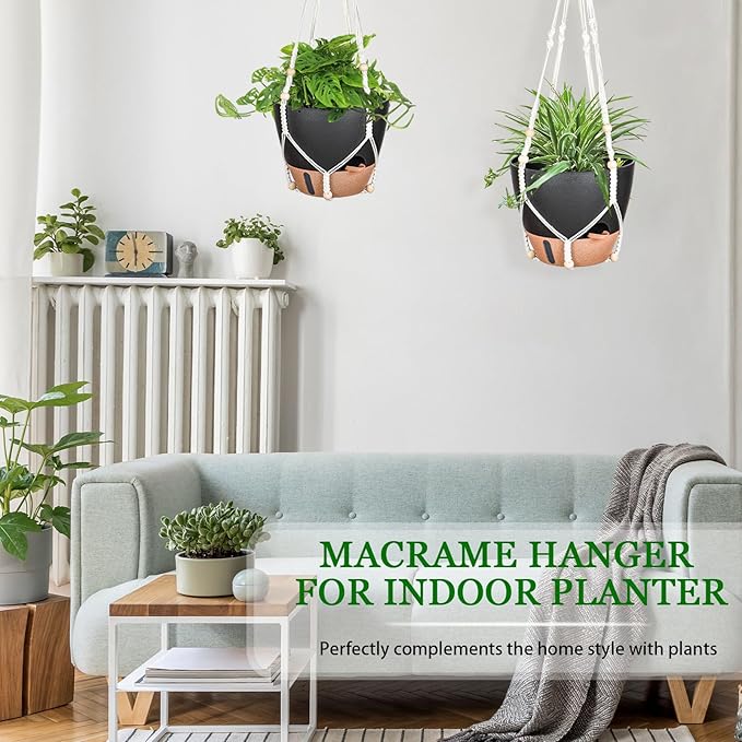 10 Inch Hanging Planters for Indoor Plants, 2 Pack Self Watering Hanging Baskets Flower Pots with Drainage Hole, Visual Reservoir & 2 Kinds of Plant Hanger for Outdoor Garden Home Decor（Black）