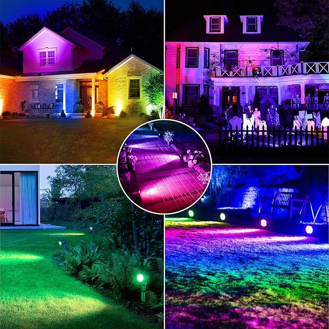 CLY Solar 6 in 1 RGB Spotlights Outdoor Garden, 10 Colors 12 Modes Solar Garden Floodlight Landscape Spotlights IP66 Waterproof 59.06ft Cable Spike Light for Lawn, Patio, Balcony