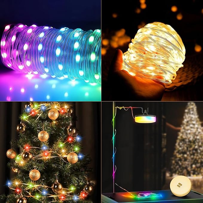 Camping String Lights, 4 in 1 Quick Storage 32.8FT Rechargeable Tent Lights with 9 Modes Hanging Waterproof Camp Lamp Camping Essentials for AwnTent Hiking Garden Bedroom Festival(Warm +RGB)-2Pack