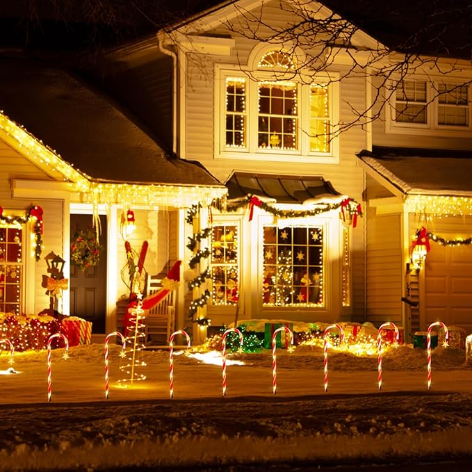 22" Candy Cane Lights Outdoor Pathway 2PK 12 PCS Candy Cane Christmas Decorations 8 Modes Solar Candy Cane Lights with Star Total 15FT Christmas Pathway Lights Outdoor for Xmas Yard Garden Walkway