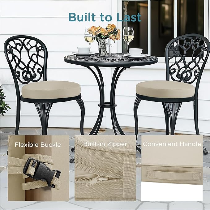 Codi Round Outdoor Chair Cushions 15 Inch, Patio Bistro Cushion Set of 2, Waterproof with Adjustable Straps, Beige 15x15''