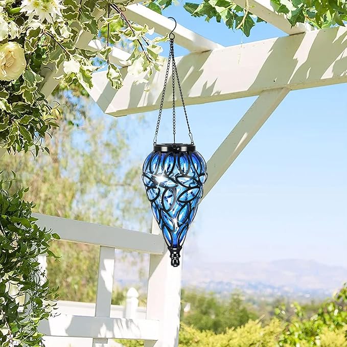 Solar Hanging Lantern Outdoor Lights, Tear-Shaped 15 LEDs Cool White Hanging Lights with S Hooks Decor in Garden, Yard, Pathway, Front Door and Landscape
