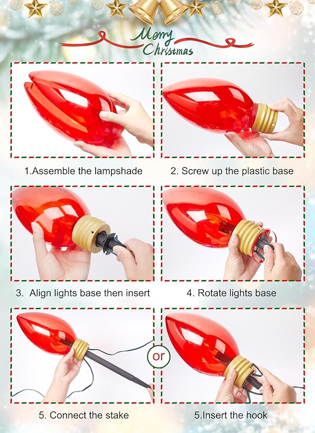 Brightown Super Jumbo C9 Christmas Pathway Lights Outdoor - 2 Pack 11 Feet 5 LED Jumbo C9 Pathway Lights, Jumbo Colored Light Bulb Christmas Lights Outdoor Decorations for Lawn Holiday Yard Multicolor