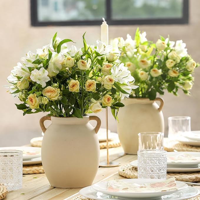 Ceramic Flower Vase 7.6 inch Farmhouse Rustic Vase Decorative Pottery Terracotta Vases for Home Decor Table Mantle Fireplace Living Room Bathroom Wedding Centerpiece