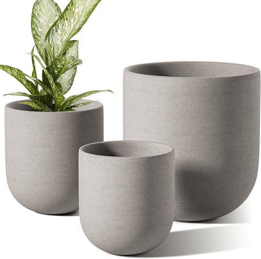 LE TAUCI 6+8+10 Inch Plant Pots Indoor, Ceramic Planters for Indoor Plants, Cylinder Pots with Drainage Hole and Plug, Planter Pots for Home Office Room Patio, Set of 3, Neutral Gray