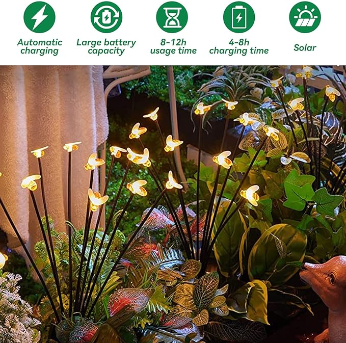 32 LED Spring Bee Garden Lights Solar Powered Honeybees Outdoor Decorations Swaying Lights Waterproof Solar Firefly Landscape Lights Warm Yellow for Pathway Yard Lawn Patio Walkway Courtyard(4Pack)