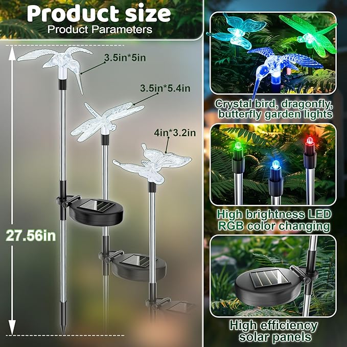 Anordsem Solar Garden Lights Outdoor: 3 Waterproof PVC Insect Light Heads - Changeable Color LED Stake for Homeowners Patio Decoration - Gardening Gifts for Garden Enthusiasts