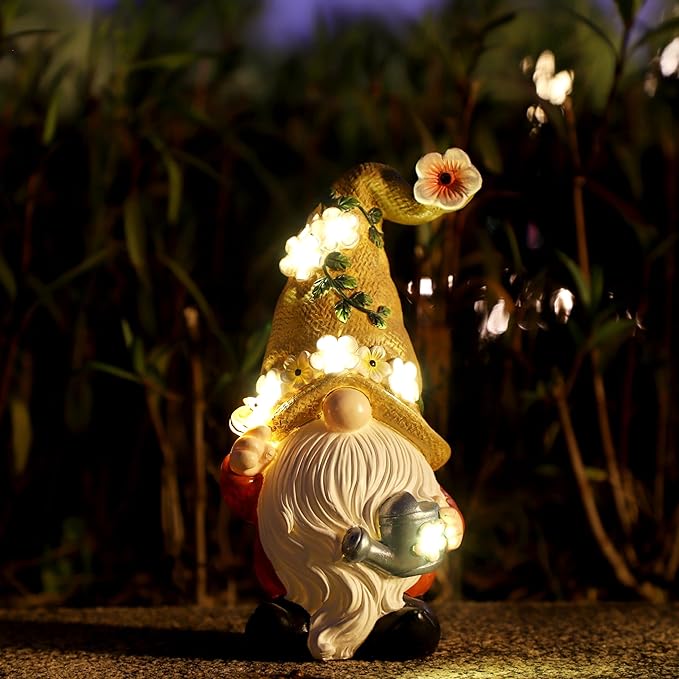 Garden Gnomes in The Hat Stood -Solar Resin Spring Bee Gnome Figurine Statue Garden Lights Outdoor Decorations Waterproof for Patio,Yard,Lawn,