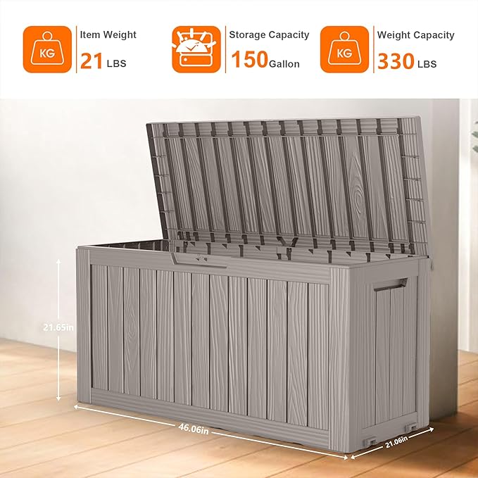 75 Gallon Resin Deck Box, Lockable Patio Outdoor Storage Box for Furniture, Garden Tools and Tools Storage, Waterproof Outside Storage Boxes - Grey