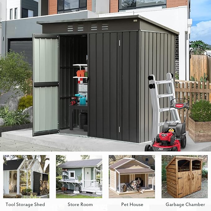 Domi Outdoor Storage Shed 6' x 4.5’, Metal Garden Shed with Galvanized Steel Frame for Bike, Tools, Lawn Mowers, Pool Toys, Outdoor Storage Cabinet with Lockable Door for Garden Lawn Patio (Dark Grey)