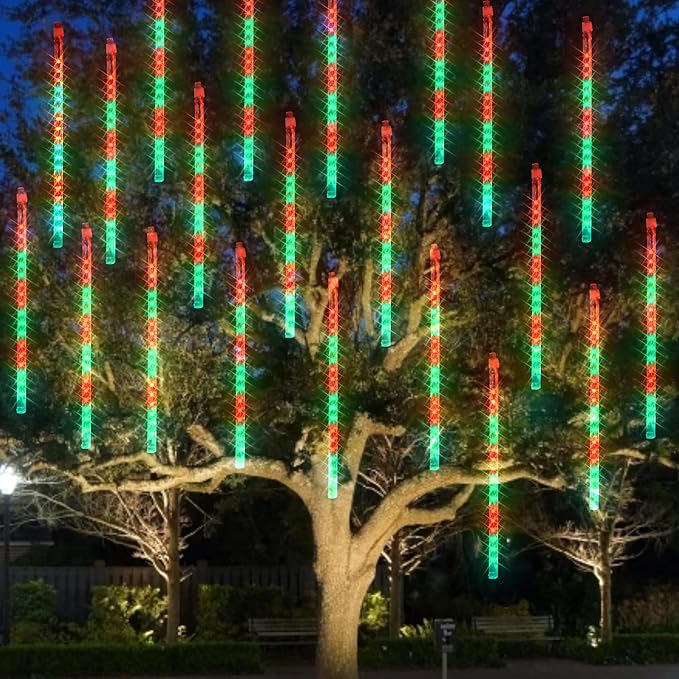Dazzle Bright Red and Green Christmas Lights, 288 LED 11.8 Inch Meteor Shower Rain Lights with 8 Tubes, Waterproof Plug in Falling Rain Lights Christmas Decorations for Xmas Bushes Tree Yard Party