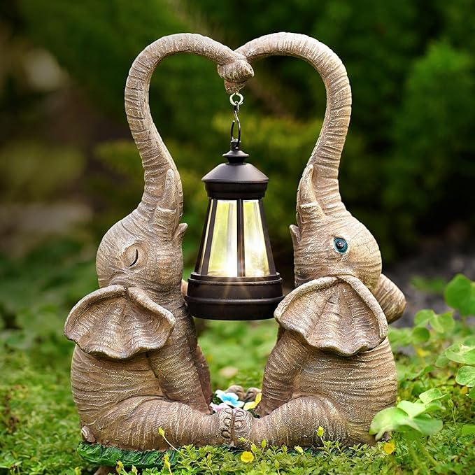 Elephant Statue Easter Garden Decor with LED Solar Lights-Set of 2 Good Luck Elephant Outdoor Statue Christmas Decorations for Yard Patio,Porch,Home -Mothers Day Gifts for Women, Mom, Grandma