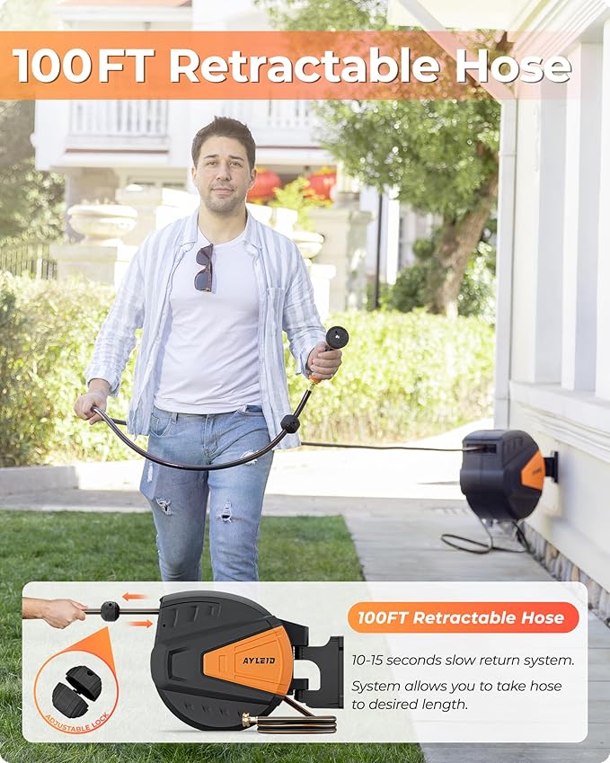 Ayleid Retractable Garden Hose Reel,5/8 in x 100 FT Wall Mounted Hose Reel, with 9- Function Sprayer Nozzle, Any Length Lock/Slow Return System/Wall Mounted/180°Swivel Bracket (Black)