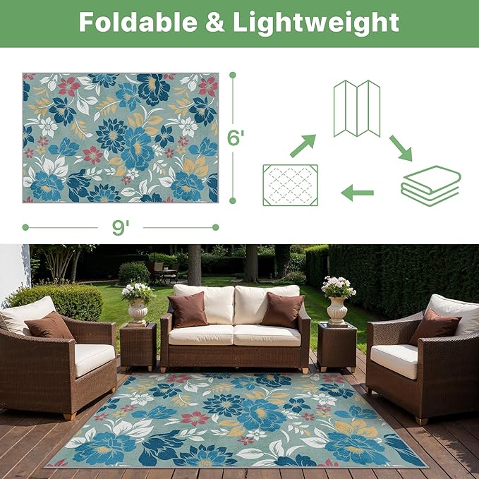 GENIMO Indoor Outdoor Area Rug 6' X 9' Waterproof, Washable Patio Rug Non Shedding, Easy Cleaning Floral Outdoor Carpet for Living Room, Bedroom, Dining Room, Balcony, Backyard, Deck, RV, Blue Grey