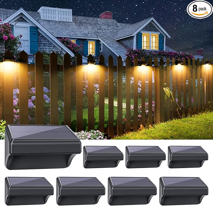Aulanto Solar Fence Lights 8 Pack, Fence Solar Lights IP65 Waterproof, Warm White and 10 RGB Color Modes, Outdoor Decor for Backyard, Garden, Fence, Wall, Deck, Stairs