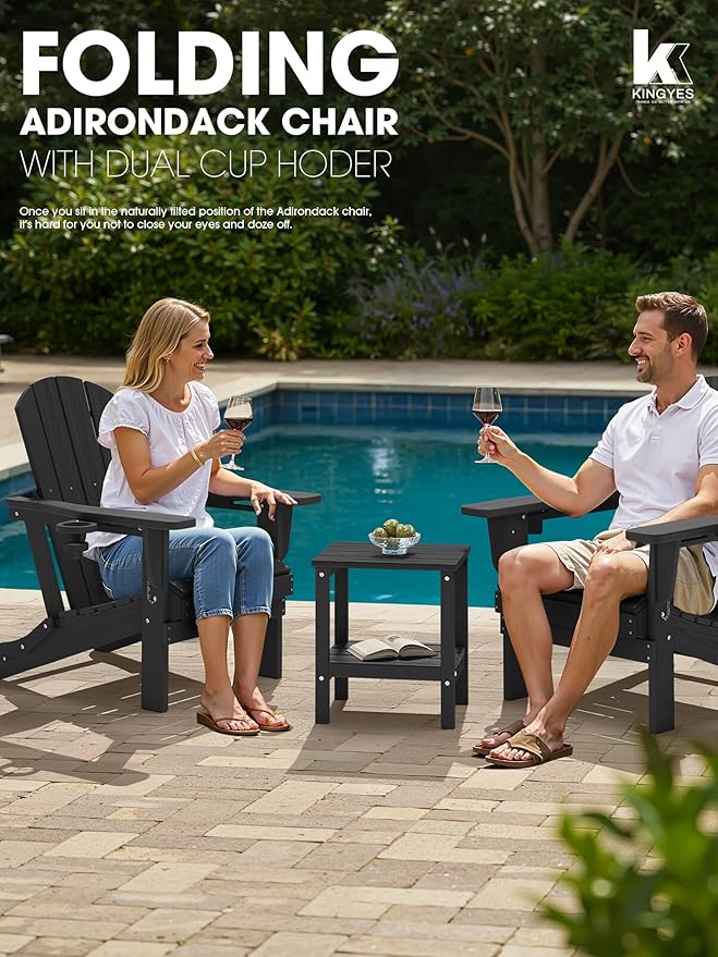 KINGYES Folding Adirondack Chair Set of 6, Dual Cup Holders & All-Weather HDPE, Wood-Like Patio Chair for Backyard, Camping, Pool & Fire Pit, Black