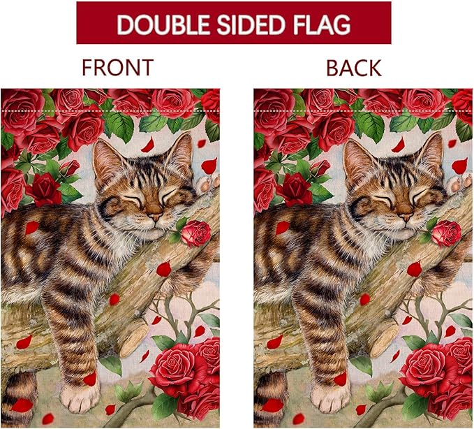 BLKWHT Valentines Cat House Flag 28 x 40 Vertical Double Sided Red Roses Spring Farmhouse Holiday Outside Decorations Burlap Yard Flag BW757-40