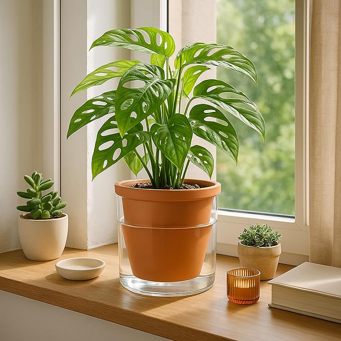 D'vine Dev 6 Inch Design Self Watering Pot for Indoor Plants, Terracotta Planter with Cylinder Glass Cup, 37-X-B-1