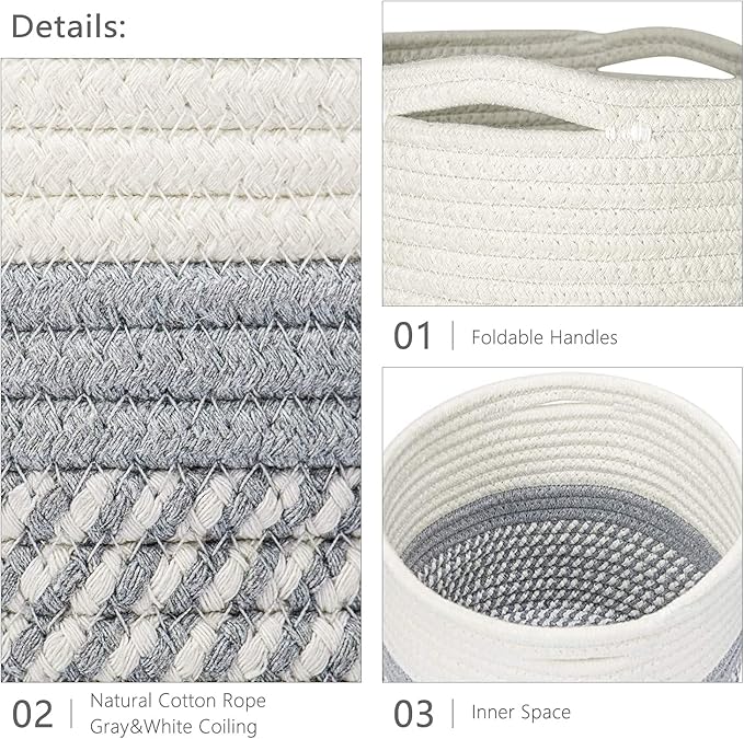 Dahey Jute Cotton Rope Plant Basket Mini Woven Storage Basket for Up to 7" Planter, Decorative Flower Pot Cover Closet Storage Bin Table Desk Organizer Modern Home Decor, Grey