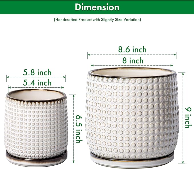 D'vine Dev 8 Inch 6 Inch Ceramic Indoor Planter Pots with Drainage Hole and Saucer, Beaded Design Flower Pots, Set of 2, Smoked White, 27-D-P-1