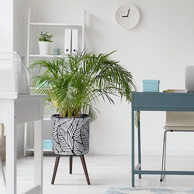 D'vine Dev 14 Inch Planter Pot with Stand, Mid-Century Tall Plant Pot with Legs for Indoor Plants, X-Large, White/Grey, 88-L-D-7