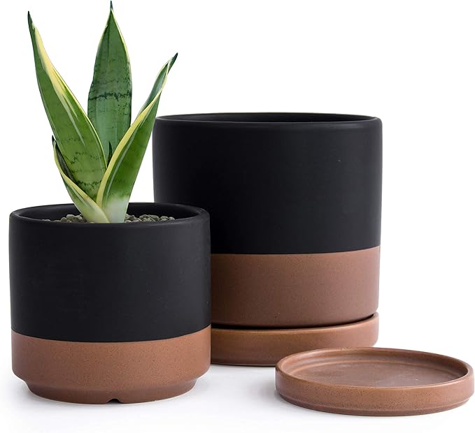D'vine Dev 4.6 Inch & 6 Inch Ceramic Planter Pots for Plants with Drainage Hole and Saucer, Small Plant Pots Set, Black/Speckled Tan, 94-G-S-7
