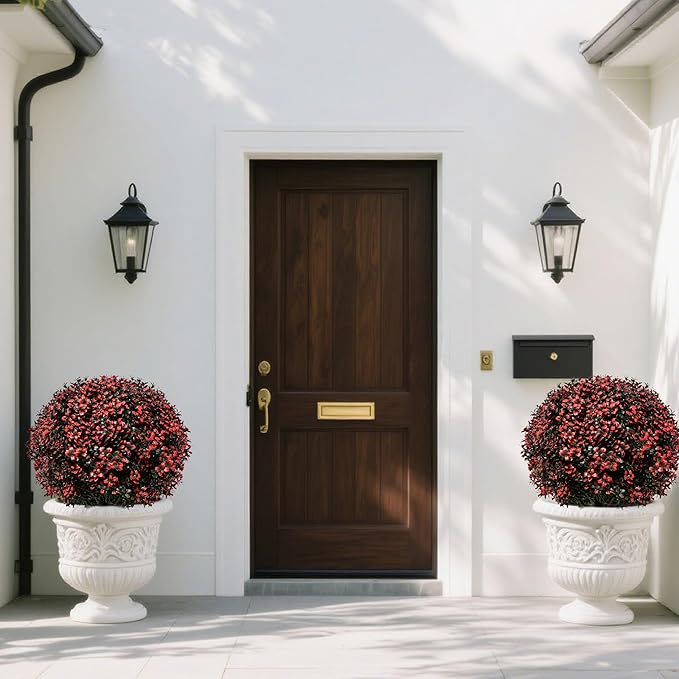 Fall Artificial Topiary Ball Boxwood Tree Outdoor with Spike,Set of 2 Large Faux Shrubs Bushes for Outdoor Planter,UV Resistant Autumn Fake Boxwood Plants for Potted Porch Indoor 24"