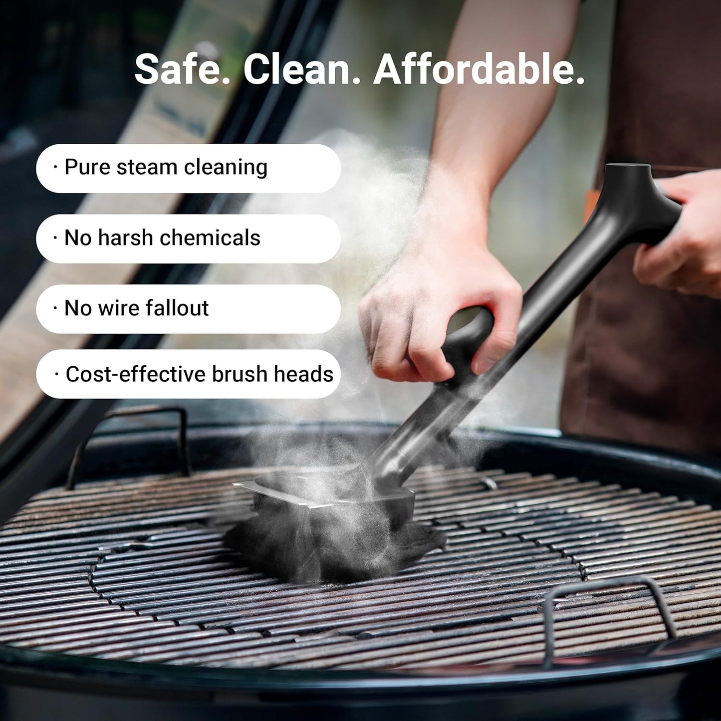 Grill Brush Bristle Free with 3 Replacement Brush Heads, Steam Grill Brush with Scraper, Non Metal Bristles for Cast Iron, Stainless-Steel Grates, Safe for Non-Stick Surface, Black