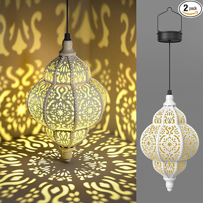 Hanging Solar Lights Outdoor Garden Decor Solar Lantern Waterproof Plastic Moroccan Outdoor Decorations for Patio Pathway Yard Backyard Garden Decorative (2, White)