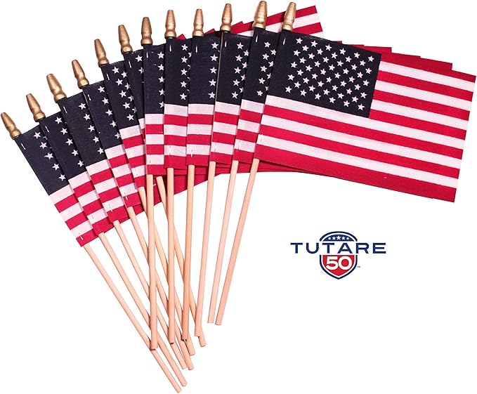American Flags on Stick - Handheld Spearhead US Flag for 4th of July, Memorial Day Event Decorations - Patriotic Decor for Indoors & Yard - Wooden Stick, Cotton Fabric (12" X 18" - 144 Pack)