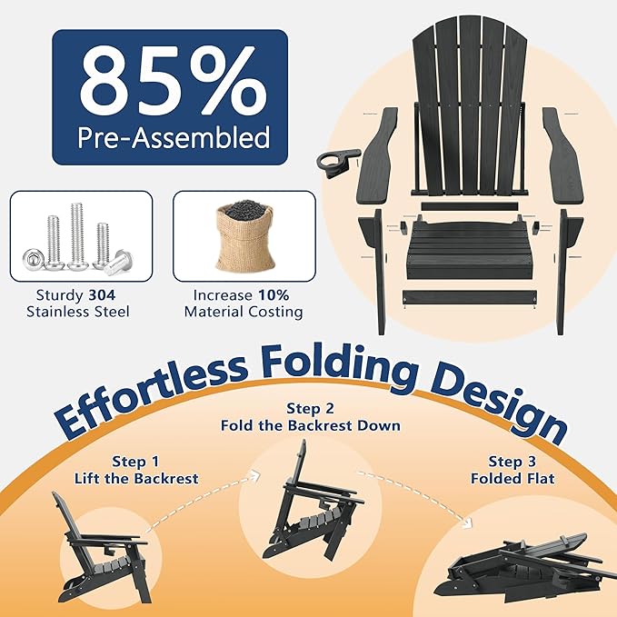 Folding Adirondack Chair Set of 2 with Cup Holder, HDPE All Weather Resistant Plastic Outdoor Patio Chairs, Heavy Duty Fire Pit Seating for Backyard Lawn Garden, Wooden Textured Design(Gray)