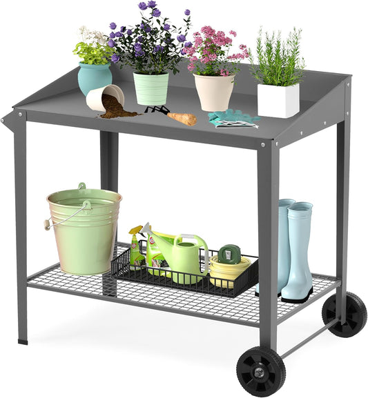 Outdoor Metal Potting Bench with Wheels, Heavy Duty Garden Workbench Table with Storage Shelf (Dark Gray, 36"x38.8")