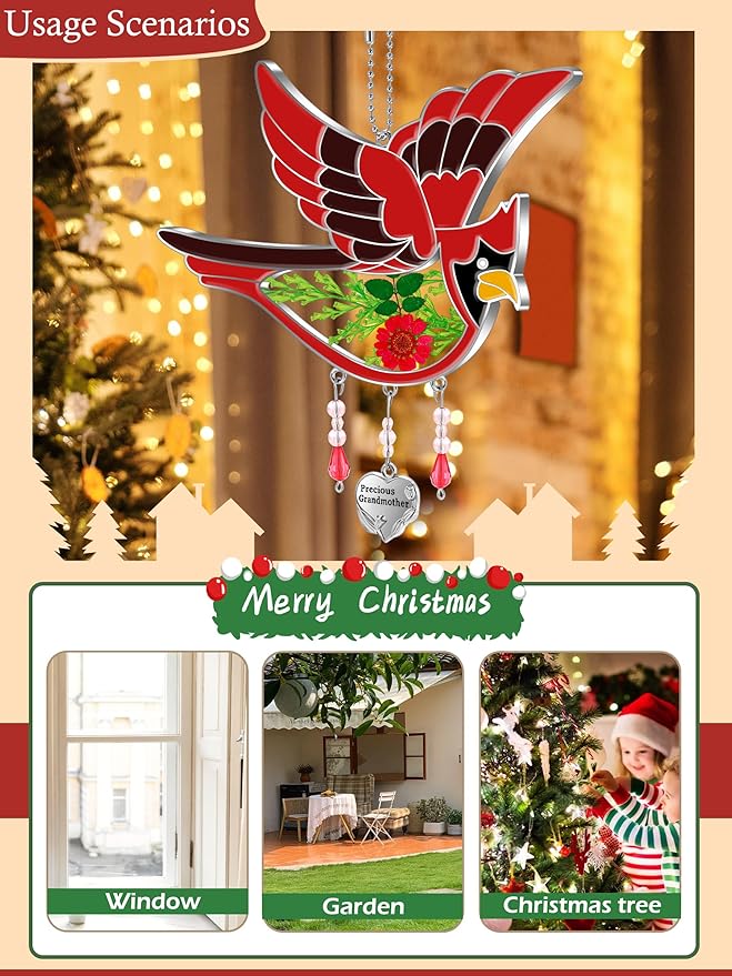 KY&BOSAM Cardinal Suncatcher Precious Grandmother Glass Hanging for Windows Wind Chime Ornament with Pressed Real Flowe and Heart Charm Birthday Gifts for Women Mother's Day Christmas