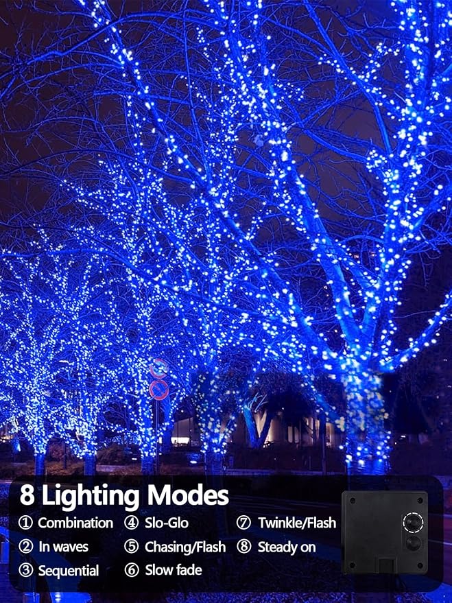 EEW 2-Pack 200 LED Solar String Lights Outdoor, Solar Christmas Lights with 8 Lighting Modes, Waterproof Green Wire Solar Tree Lights for Outside Xmas Wedding Party Garden Patio Decorations (Blue)