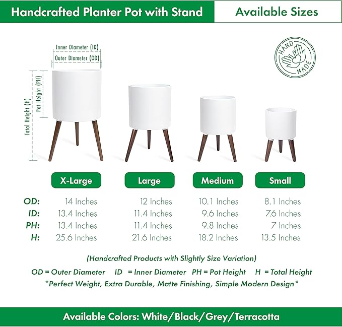 D'vine Dev 10 Inch Planter Pot with Stand, Mid-Century Tall Plant Pot with Legs for Indoor Plants, Medium, White, 88-O-B-1