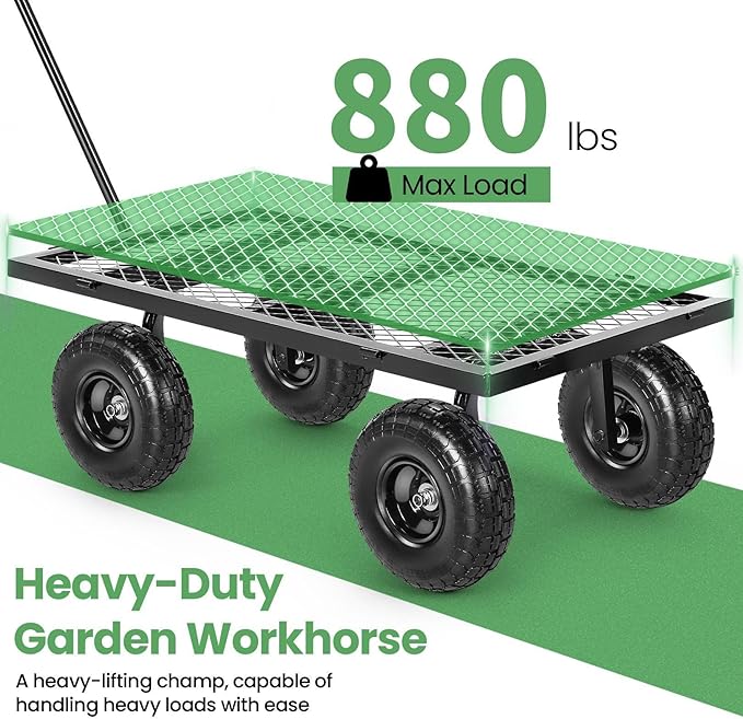 Homdox MAX 880LB Garden Cart, Heavy Duty Garden Wagon, Mesh Foldable Garden Cart, Pullable Gardens Wagon with 180° Rotating Handle, Collapsible Garden Carts for Yard Beach Farm, Black with Bag