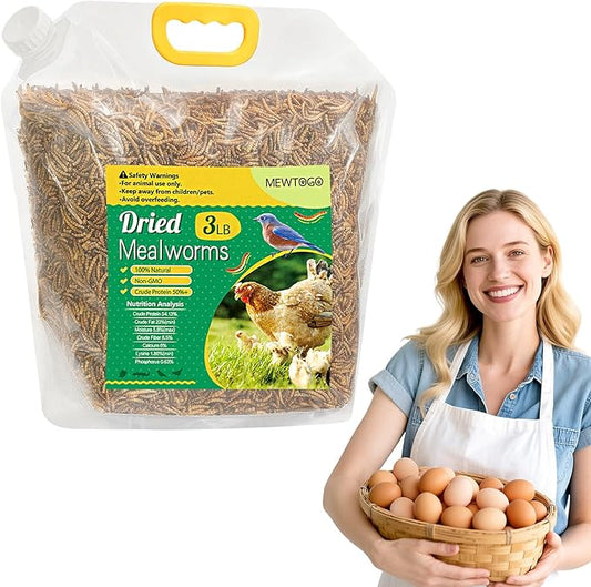Mealworms Chicken Treats 3 Lbs with Handle Packing, High-Protein Promote Egg Production, Natural Chicken Feed for Laying Hens Wild Birds Ducks