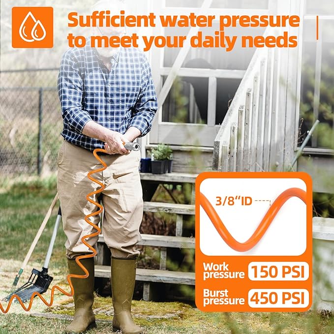 3/8” Lightweight Coil Garden Hose 75 FT, EVA Retractable Curly Water Pipe with 6-Pattern Spray Nozzle for Boat, Greenhouse, Yard, Patio (Orange)
