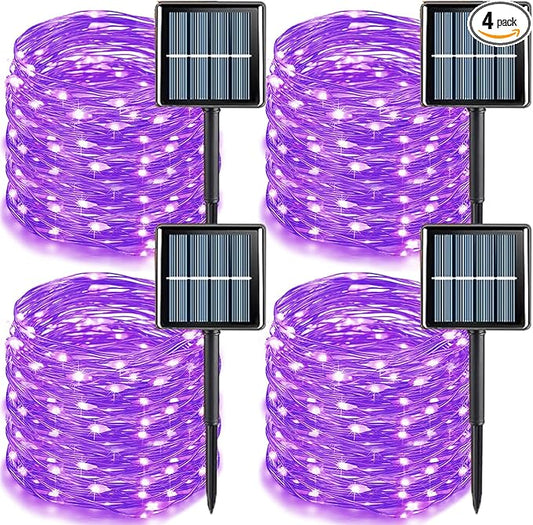YEGUO 4 Pack Purple Solar Fairy Lights Outdoor Waterproof, Each 33ft 100 LED String Lights 8 Modes Silver Wire