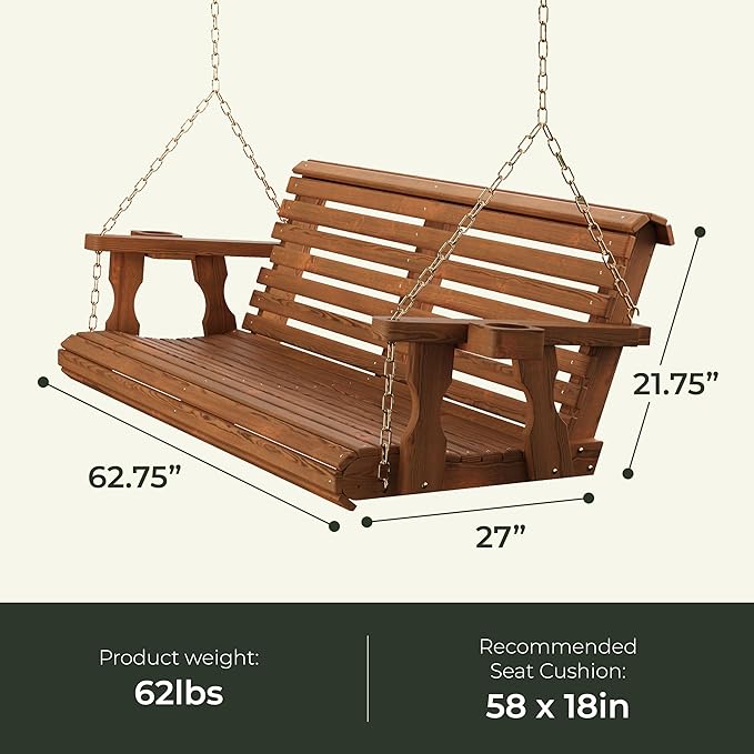 Amish Casual 4 Foot Roll Back Porch Swing with Cup Holders in Semi-Solid Grey Stain - Amish Made in The USA from Treated Pine Heavy Duty 700 Lb. Weight Capacity
