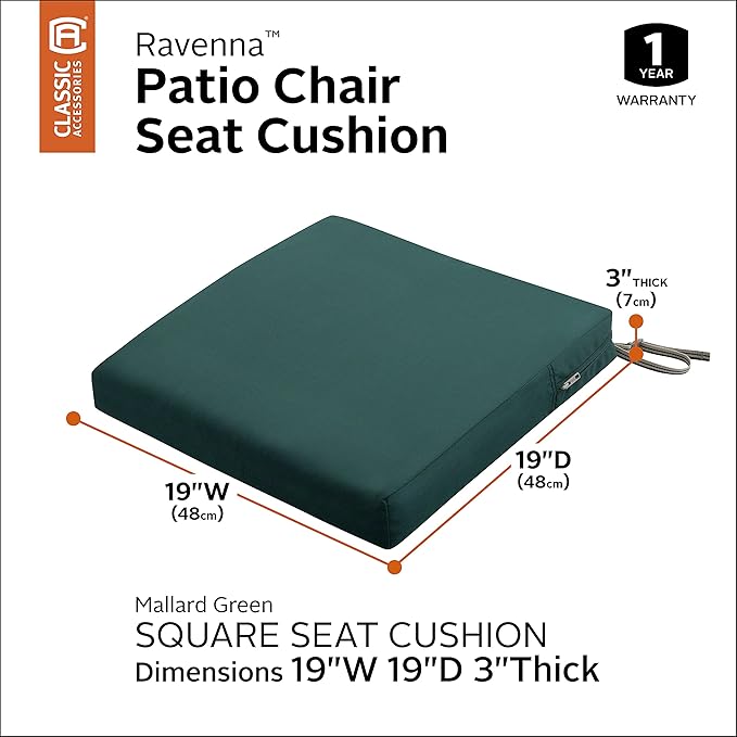 Classic Accessories 62-008-MGREEN-EC Ravenna Seat Cushion, 19x19x3 Inch (Pack of 1), Mallard Green, Chair Seat Cushion