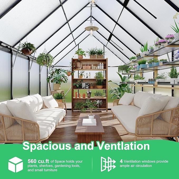 Greenhouse 6x7 FT Aluminum-Framed Heavy Duty Polycarbonate with Quick Setup Structure and Roof Vent Large Enhanced Outdoors Green House Kit