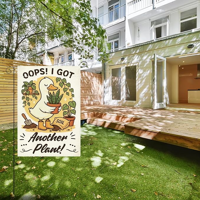 Funny Silly Goose Garden Flag Oops I Got Another Plant Lover Gift Outdoor Decorations Small Double Sided Burlap art Stained Glass Style Garden Flags 12 x 18 Inch for Outside