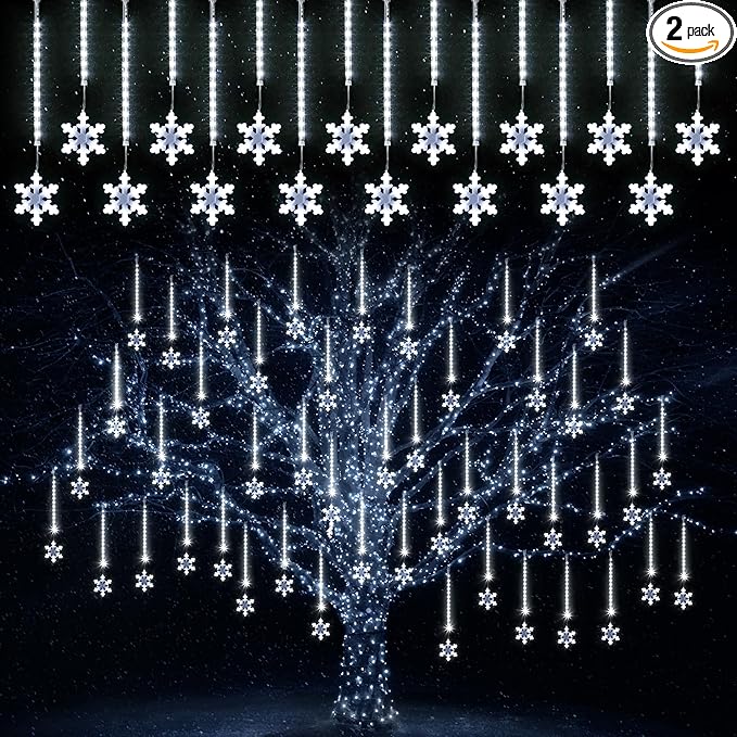 Enhon 2 Pack Meteor Shower Snowflake Lights Outdoor with Timer, Total 480 LED 12in 16 Tube Connectable Waterproof Meteor Rain Drop Christmas Light with Snowflake for Xmas Tree Roof Garden(Cool White)