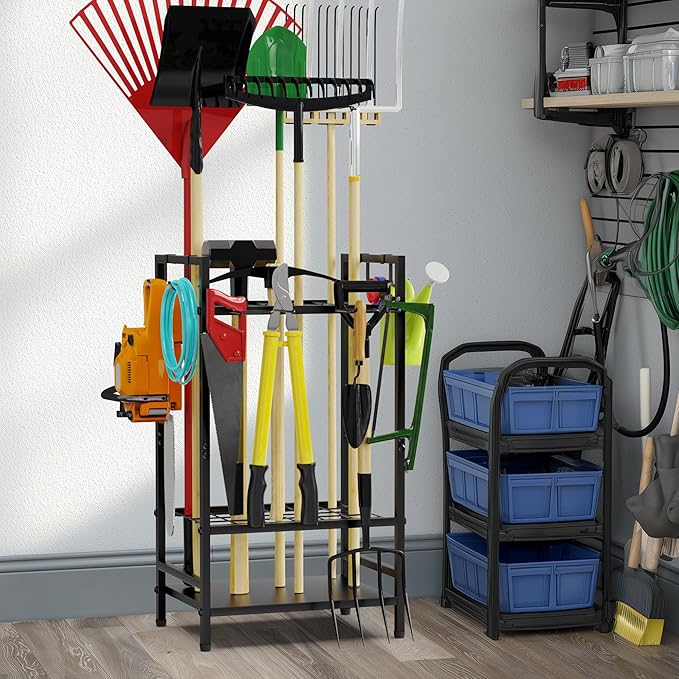 Garden Tool Organizer Rack for Garage, Yard Tool Tower Rack Organizer, Tools Stand Storage with Hooks Black Metal Garden Tools Holder for Yard Shed Garage Organization